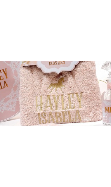 Trusou de botez roz pudra cu broderie personalizata gold si unicorni Unicorn Valley 8